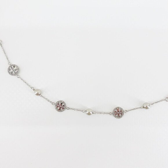 Tory Burch Crystal Logo & Imitation Pearl Station Bracelet Silver OS - Picture 7 of 15